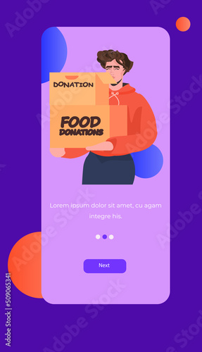 volunteer giving help boxes with food to refugee humanitarian aid material assistance governmental help
