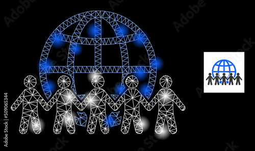 Glossy network world people constellation icon with light spots. Illuminated vector constellation based on world people glyph. Sparkle frame mesh world people on a black background.