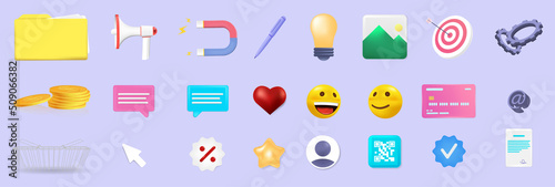 Business and social media 3D icons. Promotion and development of the project with 3D icons. Set objects for App, Web, social network. Emoji, loudspeaker, target, magnet, folder and other. Vector set