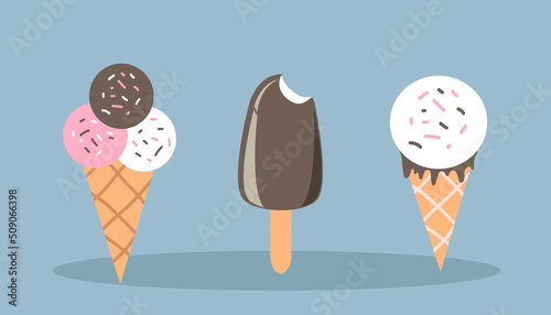 vector illustration in flat style - different types of ice cream. ice cream in a waffle cone and popsicle