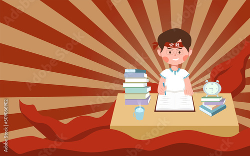 China chic vitntage illustration background for examination. Student wearing red headband with text translation 