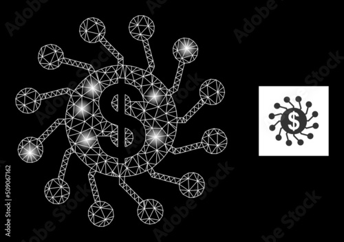 Glowing mesh dollar network constellation icon with light spots. Illuminated vector model is created from dollar network icon. Sparkle carcass mesh dollar network on a black background.