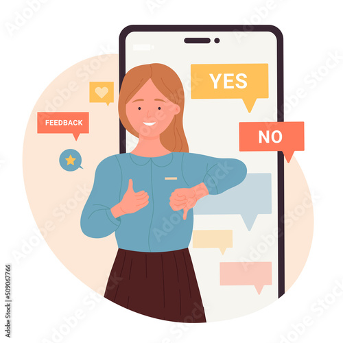 Dislike and like, negative and positive customer feedback. Cartoon girl with thumbs up and down, yes no text standing near mobile phone with messages flat vector illustration. Evaluation concept