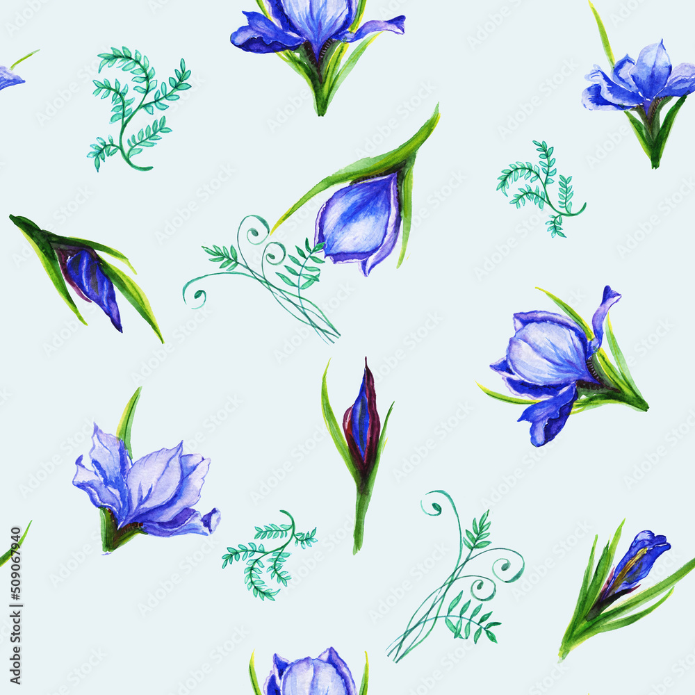 Obraz premium Watercolor pattern seamless bouquets of iris flowers , the petals are blue viol flower, iris, shades with green stems. Suitable for the design of greeting cards, invitations,wedding and baby