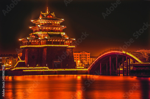 Temple Night Reflection Jinming Lake Kaifeng Henan China photo