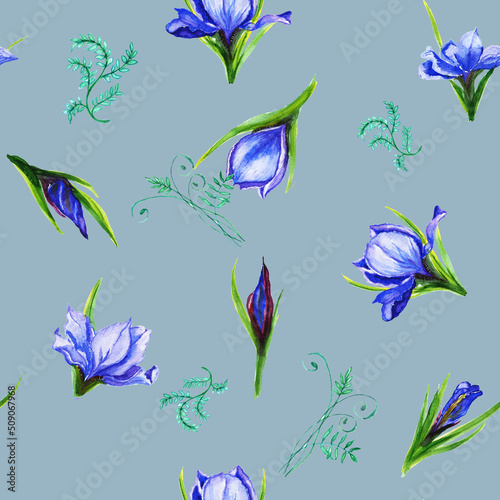 Watercolor pattern seamless bouquets of iris flowers , the petals are blue viol flower, iris, shades with green stems. Suitable for the design of greeting cards, invitations,wedding and baby