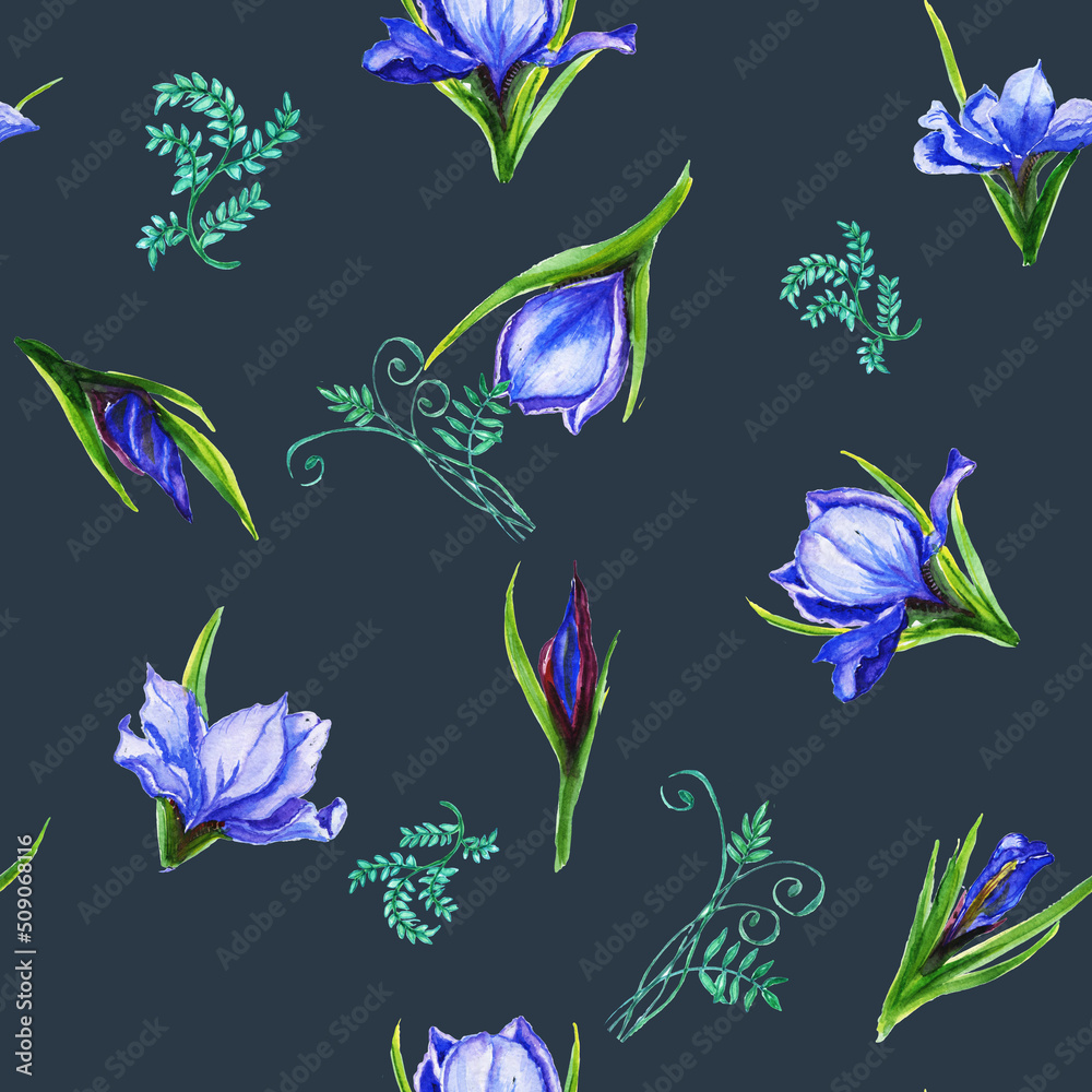 Fototapeta premium Watercolor pattern seamless bouquets of iris flowers , the petals are blue viol flower, iris, shades with green stems. Suitable for the design of greeting cards, invitations,wedding and baby
