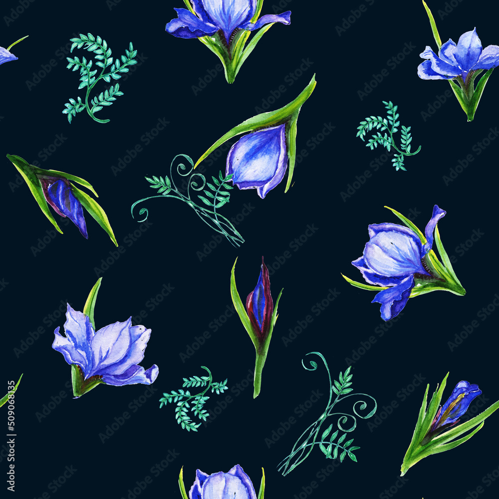 Fototapeta premium Watercolor pattern seamless bouquets of iris flowers , the petals are blue viol flower, iris, shades with green stems. Suitable for the design of greeting cards, invitations,wedding and baby