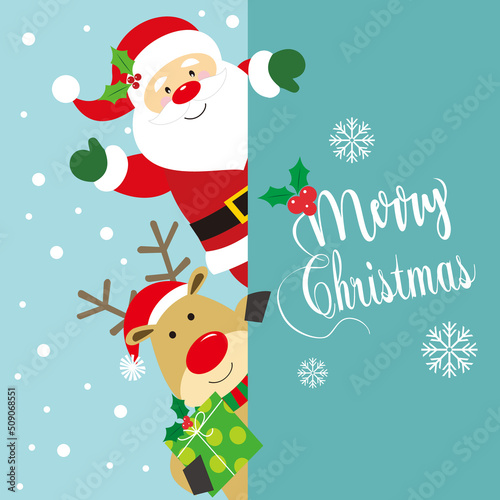 christmas card with santa claus and reindeer