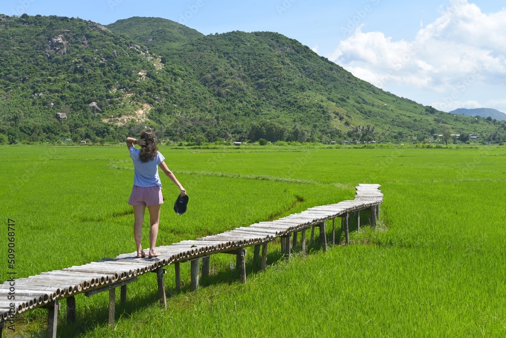 A young woman walking across wooden pier in a rice field