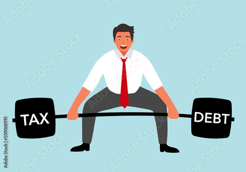 Businessman weightlifting in flat design. Tax and debt payment concept.