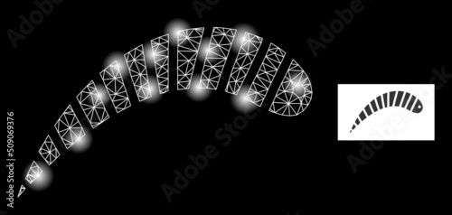 Glowing net worm constellation icon with light spots. Illuminated vector constellation based on worm icon. Sparkle carcass mesh worm on a black background. Wire frame 2D network in vector format.