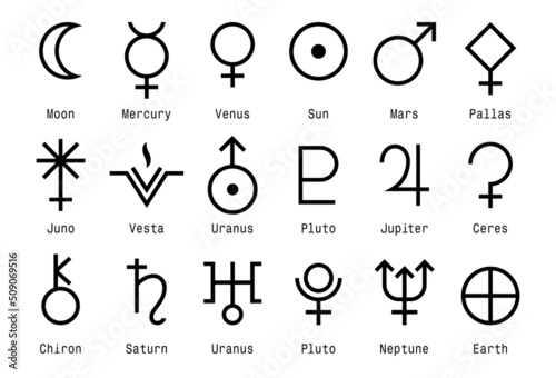 Signs and symbols of planets, celestial. Esotericism and astrology