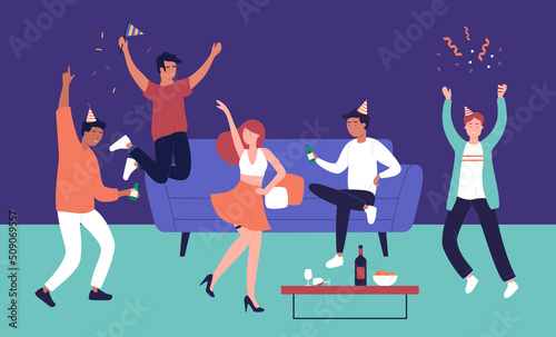 Bachelor party at home. Cartoon happy boys enjoy time and holding bottles, sexy lady dancing to music, young dancers drink alcohol and dance flat vector illustration. Birthday, celebration concept
