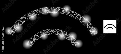 Glossy mesh radio signal glare icon with lightspots. Illuminated vector model is created from radio signal icon. Sparkle frame mesh radio signal on a black background.