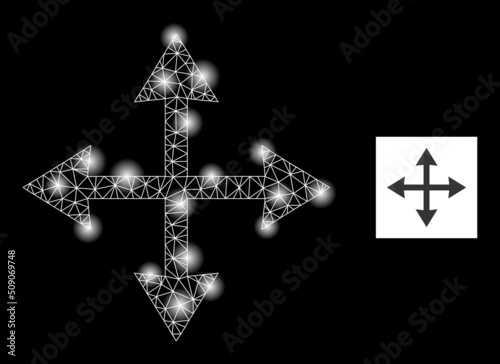 Flare mesh enlarge arrows constellation icon with lightspots. Illuminated vector constellation based on enlarge arrows picture. Sparkle frame mesh enlarge arrows on a black background.