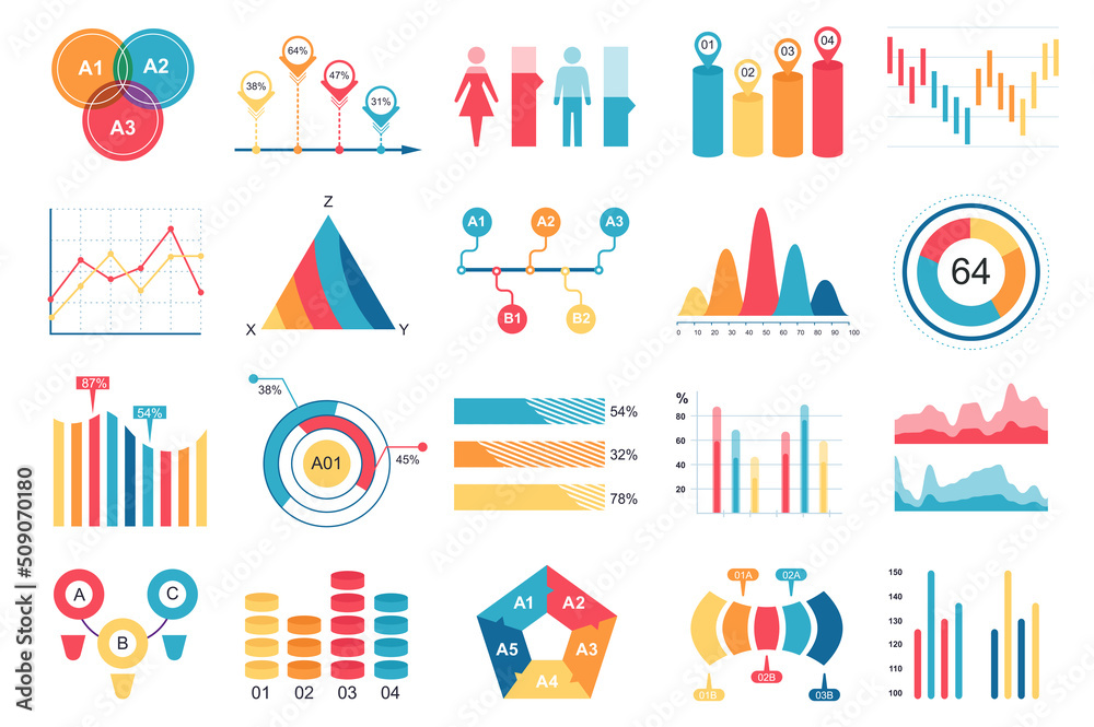 Set of infographic elements data visualization vector design template with different chart, diagram, flowchart, workflow, timeline. Infographics for business statistics, planning and analytics.