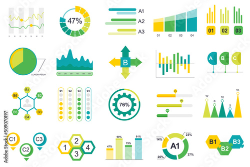 Set of infographic elements data visualization vector design template with different chart, diagram, flowchart, workflow, timeline. Infographics for business statistics, planning and analytics.