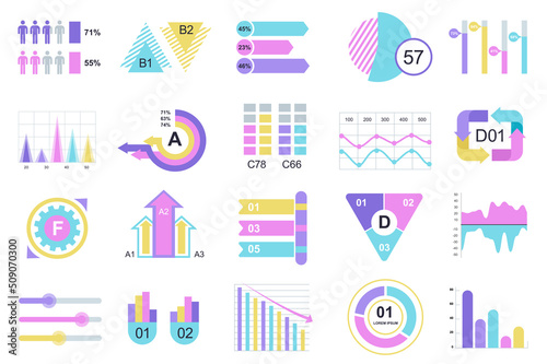 Set of infographic elements data visualization vector design template with different chart, diagram, flowchart, workflow, timeline. Infographics for business statistics, planning and analytics.