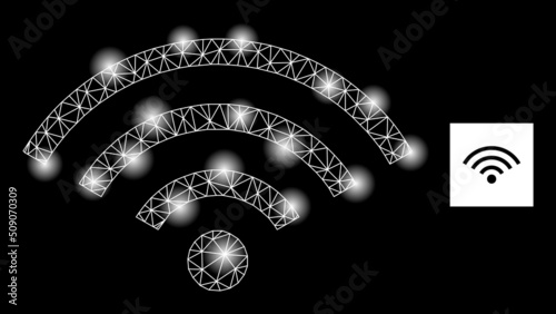 Flare network internet signal constellation icon with light spots. Illuminated vector constellation based on internet signal icon. Sparkle frame mesh internet signal on a black background.
