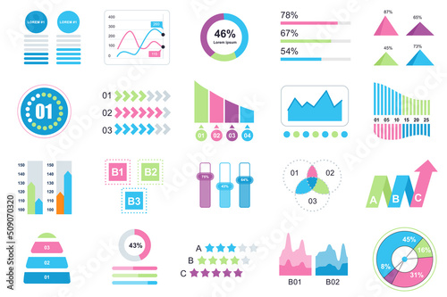 Set of infographic elements data visualization vector design template with different chart, diagram, flowchart, workflow, timeline. Infographics for business statistics, planning and analytics.