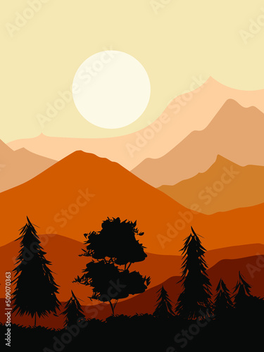 Beautiful sunrise at mountain lake vector illustration. Landscape background with pine trees, water and rocky mountain. © Suryadi