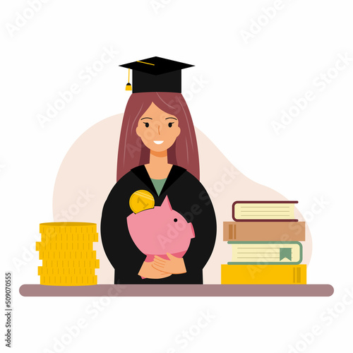 Happy student girl holds piggy bank in hands. Woman took bank loan for education. Vector illustration in flat style.