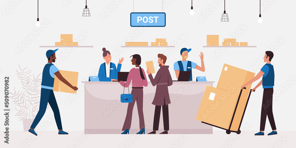 Distribution of parcels from warehouse and letters in post office Cartoon  postal workers in uniform carry boxes, people send or receive packages flat  vector illustration. Delivery, ecommerce concept vector de Stock |