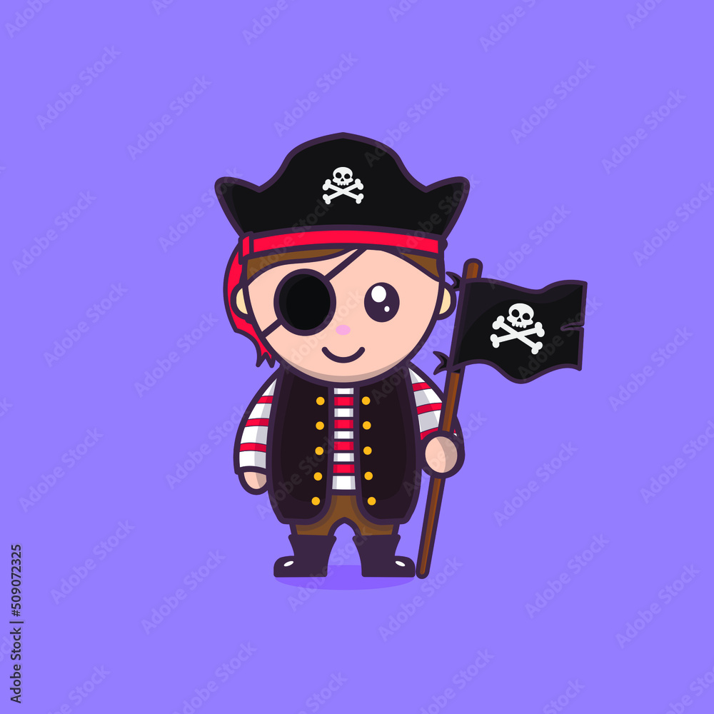 Cute pirate Character  Cartoon Vector Icon and People Illustration concept.
Holding flag.