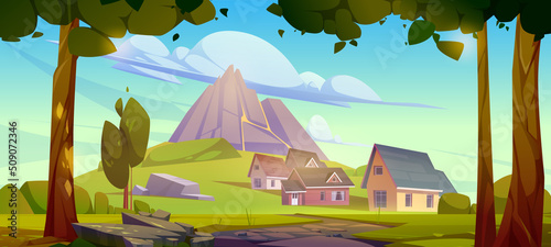Summer landscape with mountain, village houses and trees. Vector cartoon illustration of country scene of green valley with cottages on foothills of sleeping volcano
