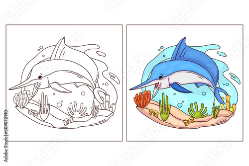 Hand drawn cute ocean animal for coloring page Marlin