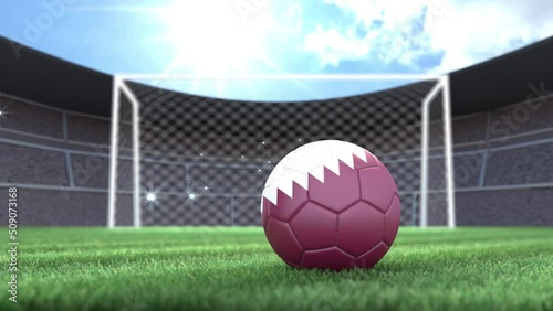 Qatar soccer ball, rolling into stadium with camera flashes. 3D animation