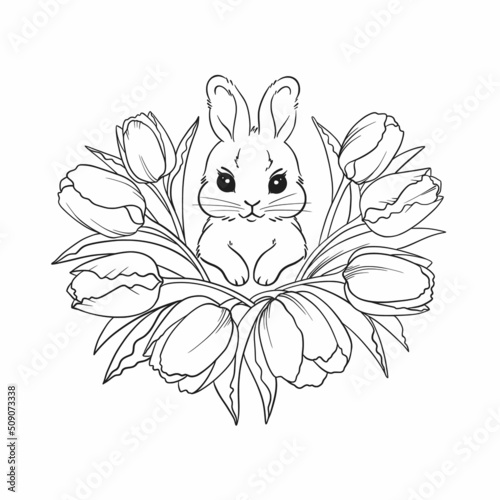 A small spring Easter bunny, drawn with one line, surrounded by tulip flowers, a wreath of flowers around the rabbit, drawn line graphics, highlighted on a white background for printing, coloring