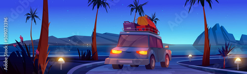 Car drive on road on sea beach at night. Vector cartoon illustration of tropical landscape with ocean shore, grass, palm trees, rocks in water and auto with luggage on roof on highway