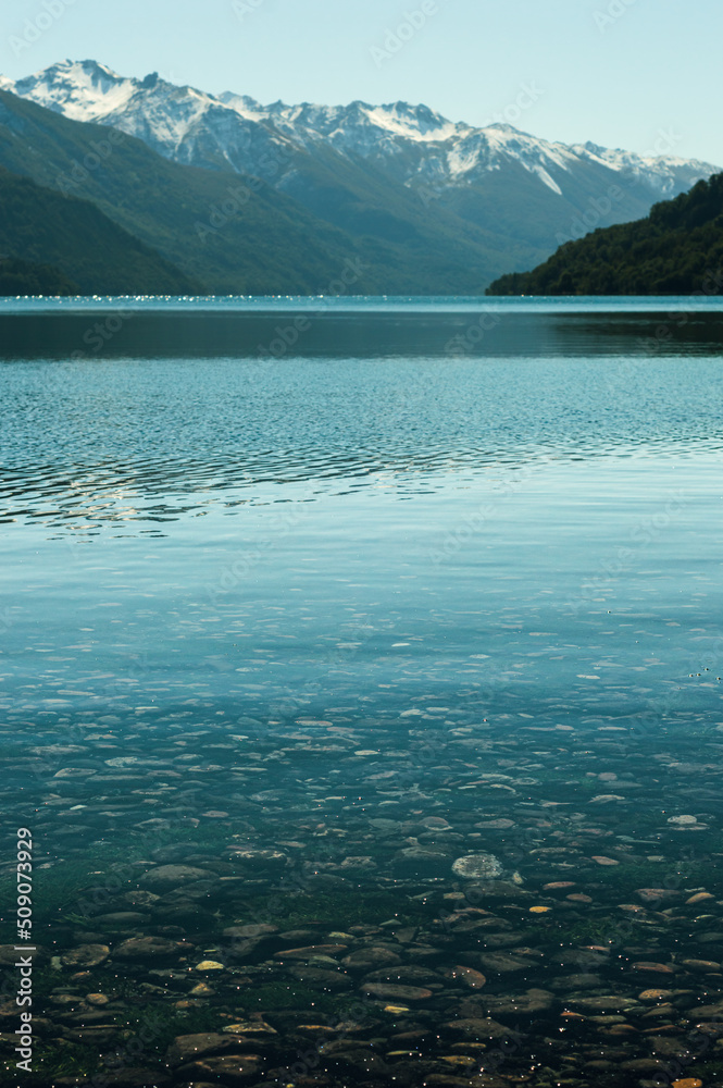 Stones in a translucent lake with a snowy mountain range in the background. Vertical. Los Alerces National Park