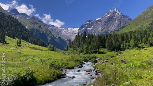 Melach river in the beautiful Lüsens valley in Austria with high mountains and blue sky in the background photo