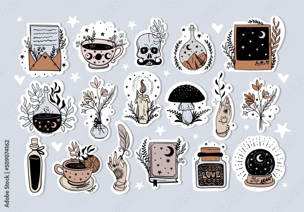 Set of cute witch stickers, collection of hand drawn boho elements. Letter,  skull, book, magic crystal. Vector vintage sketch isolated on white  background. Stock Vector | Adobe Stock