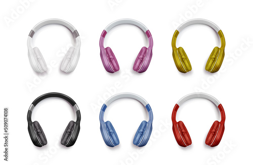 Headphones for listen music, dj audio headset isolated on white background. Vector realistic set of 3d colour stereo earphones, accessory with sound speakers in front view