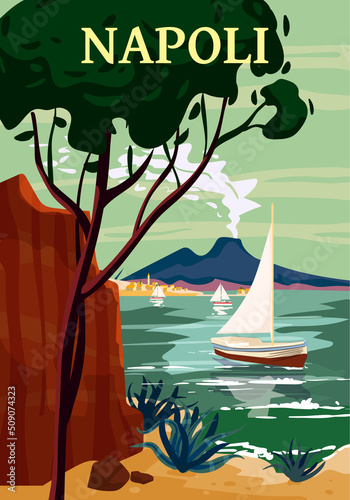 Naples Retro Poster Italia. Mediterranean sea sailboat, smoke volcano Vesuvius, coast, rock. Vector illustration postcard