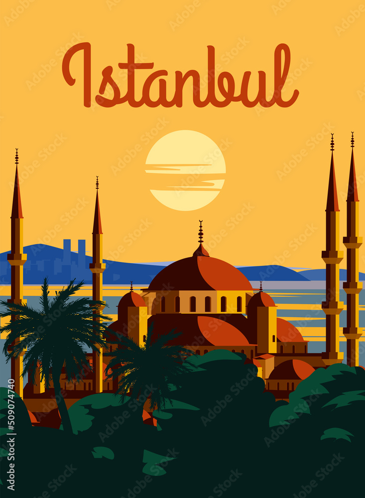 Istanbul retro poster, sunset city Turkey, Noble Hagia Sophia Grand Mosque. Vintage touristic postcard