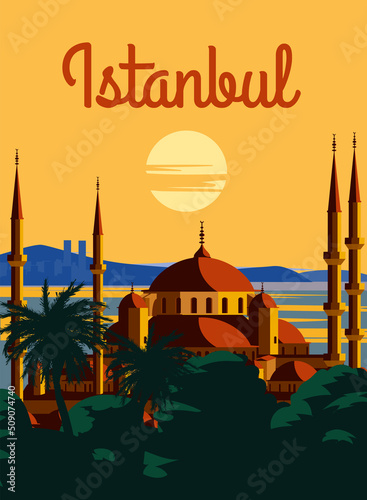 Istanbul retro poster, sunset city Turkey, Noble Hagia Sophia Grand Mosque. Vintage touristic postcard