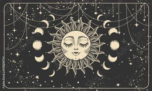 Aesthetic boho banner with sun face, moon phases and stars pattern. Magic print for astrology and tarot, bohemian design, tattoo, engraving, witch cover. Mystical hand drawing on a black background.