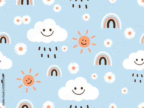 Seamless pattern with cloud, sun, rain, rainbow and daisy flower on blue background vector. Cute childish print.