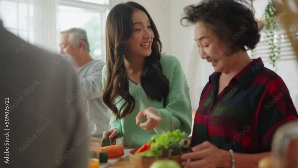 Group of asian elder senior friends at dinner party at home, senior friend preparing salad and fruit juice with her daughter with smiling cheerful moment conversation with elder friend laugh smile Group of asian elder senior friends at dinner party at home, senior friend preparing salad and fruit juice with her daughter with smiling cheerful moment conversation with elder friend laugh smile