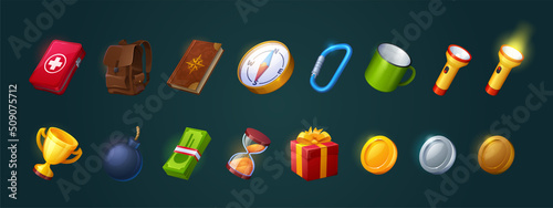 Game icons travel diary, lightning flash and carbine, golden cup and first aid kit. Gift box, gold silver and bronze money coins, compass and hourglass, bomb. Cartoon vector gui set