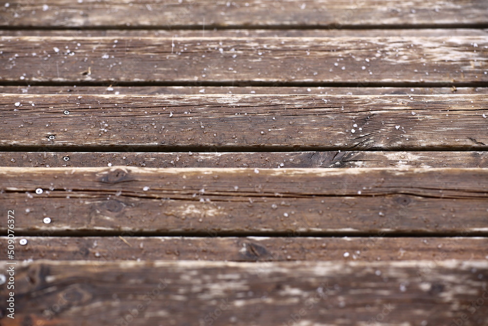 Obraz premium Wet wooden laths covered with some hailstones