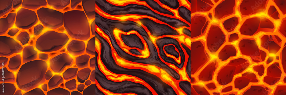 Lava seamless textures for game. Backgrounds of volcano eruption top view, abstract pattern with hot molten magma, stones, cracks, flowing liquid and incandescent rocks, Cartoon vector illustration