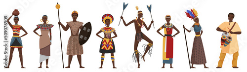 African tribe people, native village ethnicity vector illustration set. Cartoon characters in traditional tribal ethnic clothes dress collection isolated on white