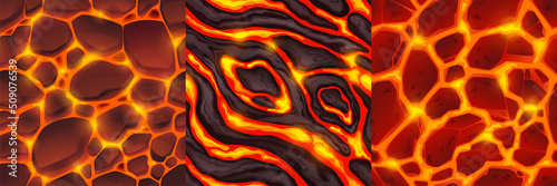 Lava seamless textures for game. Backgrounds of volcano eruption top view, abstract pattern with hot molten magma, stones, cracks, flowing liquid and incandescent rocks, Cartoon vector illustration