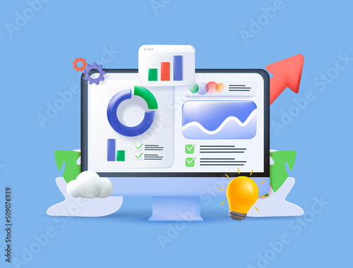 3D Web UI interface. Data analytics, SEO Optimization dashboard and business finance report. Investment or website SEO screen PC concept. Analytics Data KPI Dashboard Tech. Vector Illustrations